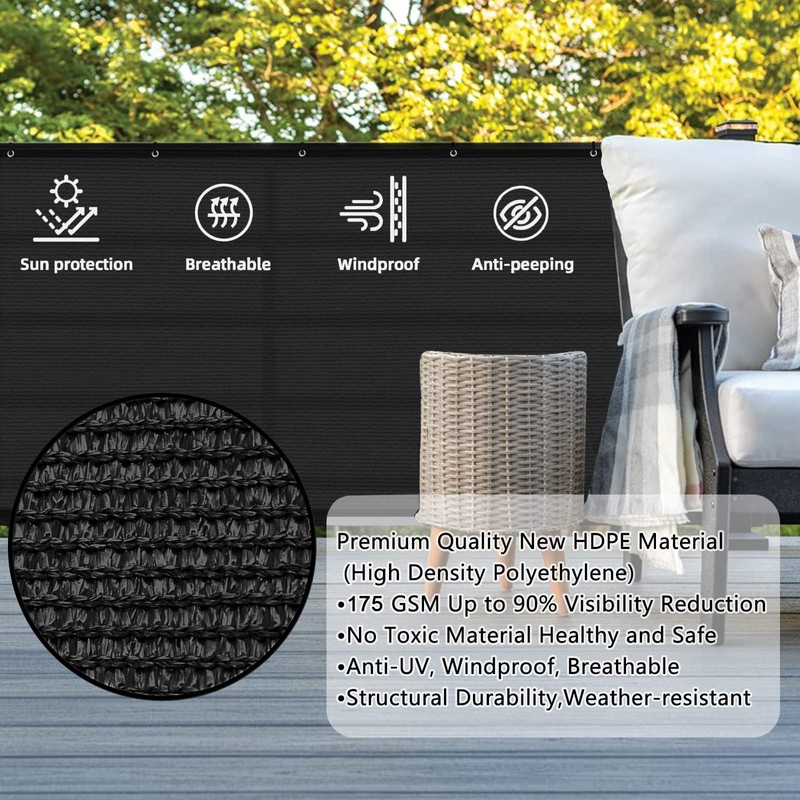 SUNLAX 3'x16' Black Balcony Privacy Screen Fence Windscreen Cover Fabric