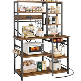 SUPERJARE SUPERJARE Large Bakers Rack with Power Outlets, 6-Tier Microwave Stand, Coffee Bar with 12 S-Shaped Hooks, Kitchen Shelf with Wire Basket, 39.3 x 15.5 x 66.9 Inches, Rustic Brown