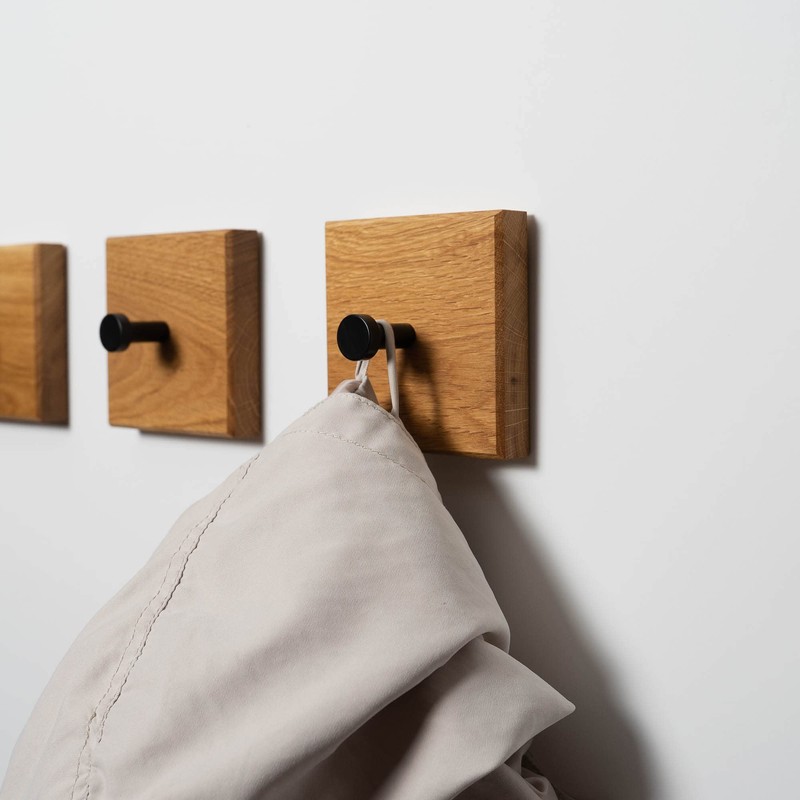 Oak Coat Hooks - Handmade Hook Rack with Black Hooks