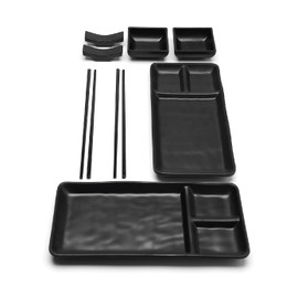Goliber Vajilla Japonesa de Melamina- Platos de sushi (Comida japonesa, 8pcs.) - Incluye 2 Platos, 2 Pares de Palillos, 2 Bases para Palillos y 2 Cuencos para Salsa (Negro)