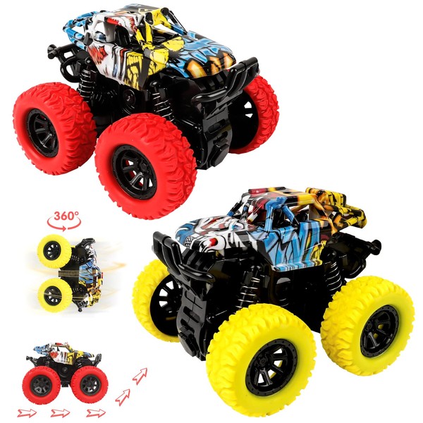 m zimoon Monster Truck, Pull Back Vehicles Friction Cars 360 Degree Rotating Inertia Car Toys for Boys Girls Toddler(2pcs, Red Yellow)
