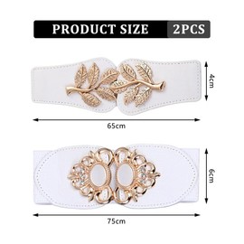 JAMAKALA 2PCS Women Elastic Waist Belt,Two Styles Retro Wide Belts,Wide Elastic Belt Stretch Elasticated Waist Belts,Vintage Belt Women Belts for Dresses (White-A, 75cm+65cm)
