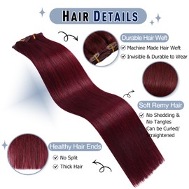Sunya Clip-In Real Hair Extensions, Burgundy, Real Human Hair Extensions, Invisible, 50 cm, Semaless Clips, 7 Pieces, 80 g/Pack, #99J