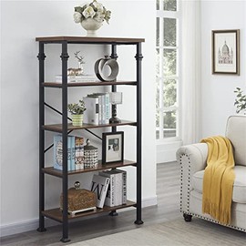 Hombazaar Bookshelf, 5-Tier Vintage Industrial Book Shelf, Rustic Wood and Metal Bookcase and Bookshelves, Free Standing Storage Large Bookshelf for Living Room, Bedroom and Kitchen, Brown