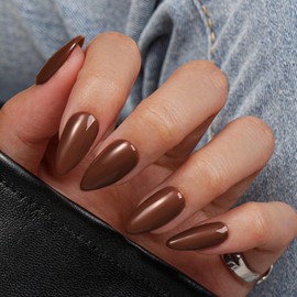 SXVME Dark Brown Press On Nails Almond - Acrylic Press On Nails Medium Stiletto, Opaque Solid Brown Fake Nails with Glue, Fit Perfectly, Reusable Soft Gel Stick on Nails for Women, 24 Pcs