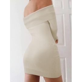 FAIRY SEASON Women's 2025 Off The Shoulder Sweater Mini Dress Long Sleeve Bodycon Cocktail Party Dresses Beige
