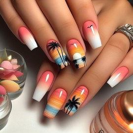 Spring Summer Press on Nails Medium Coffin Fake Nails Cute Colorful Gradient False Nails with Beach Sunset Design Gloss Full Cover Glue on Nails Reusable DIY Manicure for Women Girls 24Pcs