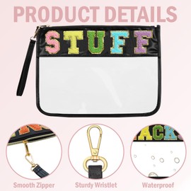 Siwara Preppy Stuff Bag Snacks Bags Chenille Letter Clear Zipper Pouch for Travel Stuff Pouch Stoney Clover Lane Aesthetic Storage Organizer Pouches for Women (Black-Stuff)