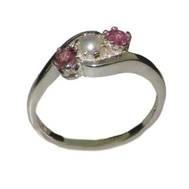 LetsBuyGold 925 Sterling Silver Cultured Pearl & Pink Tourmaline Womens Trilogy Ring - Size 11.75