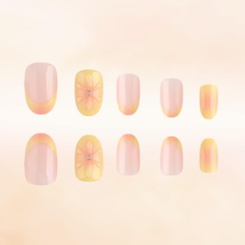 XZMeiLun Yellow Flower French Tip Press On Nails Short Medium Oval, Floral Sticke On Nails, Designer Reusable Acrylic Nails Press Ons, Fake Nails With Glue On Nails, Daily Wea False Nail For Women