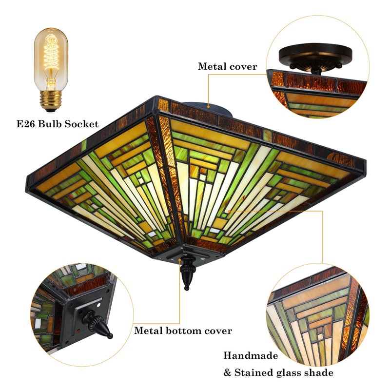 ATOLOMOTOR 14"×12" Stained Glass Bowl Shade Ceiling Light,Tiffany Style Pendant