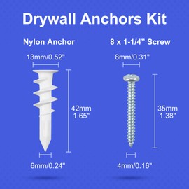 SKYWKX #8 Self Drilling Drywall Anchors Screw Kit – 55 Sets Dry Wall Anchors and Screws for Drywall with 55 Self-Tapping Nylon Sheetrock Anchors 55#8 x 1-1/4'' 304 Screw 75LB Hanging (55 Nylon)