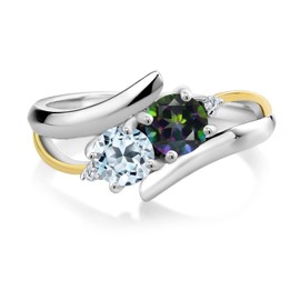Gem Stone King 1.27 Cttw Green Mystic Topaz Sky Blue Topaz and Lab Grown Diamond 925 Silver and 10K Yellow Gold 2 Stone Crossover Ring For Women | Available In Size 5, 6, 7, 8, 9