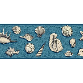 Grace & Gardenia GB10022 Seashells On Waves Nautical Peel and Stick Wallpaper Border 10in Height x 15ft Dark Blue Gray Designs