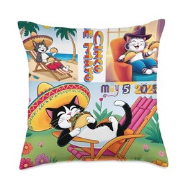 Cat Cinco de Mayo Funny Mexican Fiesta Meow Sombrero Taco Throw Pillow
