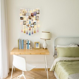 Mkono Macrame Hanging Photo Display Wall Decor with String Lights Boho Room Bedroom Wooden Beads Garland Picture Greeting Cards Holder with 30 Clips