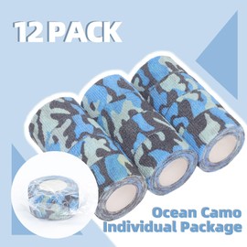 12-Pack Self Adhesive Bandage Wrap 1Inch x 5 Yards, Elastic Athletic Tape, Tattoo Grip Tape, Non Woven Medical Tape for First Aid, Sports, Wrist, Ankle, Vet Wrap for Pets (Ocean-Camo)