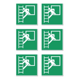 Emergency Exit with Escape Ladder, Rescue Sign: E016 - DIN EN ISO 7010 / ASR A1.3 - Sticker: 5 cm, Pack of 6