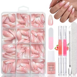 Pack of 240 False Nails for Sticking, Almond Pink Gradient Medium Artificial Fingernails - Nail Tips Set with 2 Pieces Nail Oil Pen - Fake Nails with Glue for Women (Almond Pink Gradient)