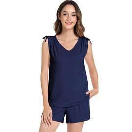 NACHILA Pajamas for Women-Viscose Made from Bamboo, Cool V Neck Top with Pajama Shorts Sets Sleeveless Sleepwear Soft 2 Piece Pjs Navy Blue X-Large