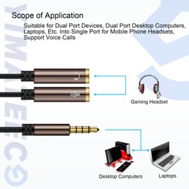YIMATEECO Headphone Splitter 3.5mm Male to 2 Double Female Earphone Jack Headphone Mic Splitter Headset Adapter Stereo Audio Y Splitter Cable for Earphone, Speaker, MP3 Player (2pcs, Brown)