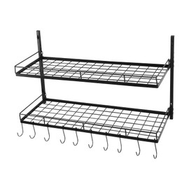 GXFCHYL 2 Tiers Hanging Pot Rack Pot and Pan Organizer with 10 Hooks Pot Rack Wall Mounted Kitchen Shelves Wall Mounted Hanging Rack,Ideal for Pans Set,Utensils,Cookware,Householdpot rack