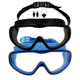 SHYIFOO Swimming Goggles with Anti-Fog Coating, UV Protection, 2-Pack with Ear Plugs, Black and Blue