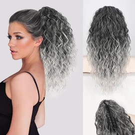 Stamped Glorious Ponytail Extension 18" Curly Wavy Pony Tail Claw Multi Layered Clip on Ponytail Extension Fluffy Natural Looking Synthetic Hair Piece for Women(Omber Grey)