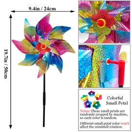 6Pcs Sparkly Rainbow Pinwheels HADEEONG 9.4in Colorful Wind Spinners Reflective Pinwheels Decorative Windmill to Scare Birds Away for Yard Garden Outdoor Decoration