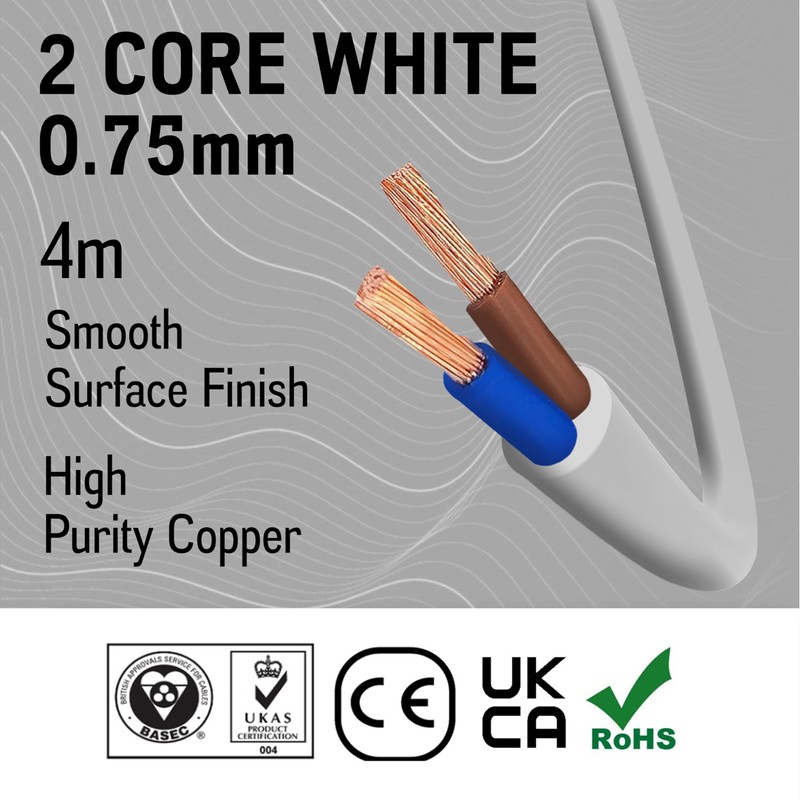 Primes DIY 2 Core Round White Flex Flexible Cable, stranded