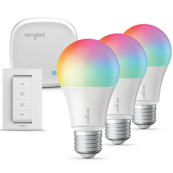 Sengled Color Changing Bulbs That Works with Alexa, Google Home, 3 Pack Starter Kit with Smart Switch, RGB Light A19 E26 Dimmable LED 60W Equivalent, 800LM, 5 Piece Set, White, 3 Count
