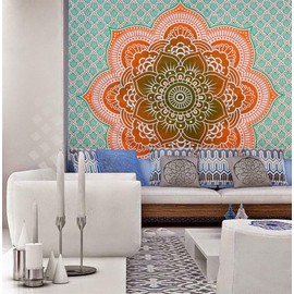 Ombre Hippie Mandala Bohemian Psychedelic Intricate Floral Design Indian Bedspread Magical Thinking Tapestry 84x90 Inches,(215x230cms) Orrange