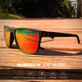 HENGOSEN Sunglasses for Men, Polarised Sunglasses for Men with Lightweight Frame and UV Protection, 06 Black/Red