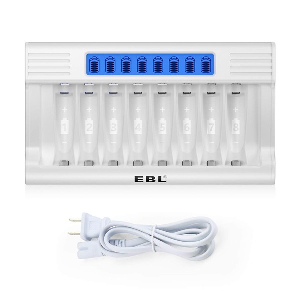 EBL 8 Bay Individual AA AAA Battery Charger with LCD Display for Ni-MH Rechargeable Batteries, One Hour Fast Charge for AA AAA Batteries with AC Adapter