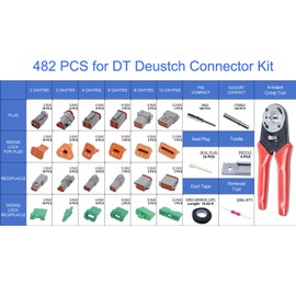482 PCS for DT Deustch Connector Kit DT Connectors 2 3 4 6 8 12 Pin Size 16# Solid Contacts,DT Connector Removal Tool & Deutsch Crimping Tool Included