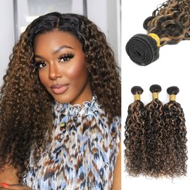 ALHER Highlight Blonde Water Wave 3 Bundles Human Hair, Wet and Wavy Curly Ombre Bundles 100% Unprocessed Remy Hair 12A Soft Thick #F1B/27 Black and Honey Blonde Sew In Weave 300g 3pcs 14/16/18 Inch