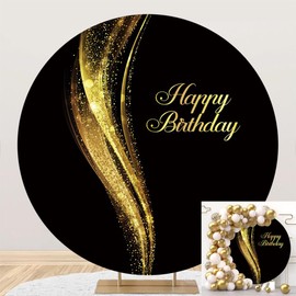 OFILA Black and Gold Round Backdrop 7.2ft Shining Gold Happy Birthday Round Photography Backdrop Women Man Birthday Adult Birthday Portrait Photo Round Backdrop