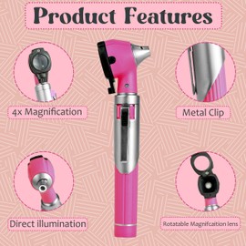 Mini Pocket Pink Fibreglass Otoscope for Adults Children with Extra Replaceable LED Light and Stainless Steel Earwax Removal Tool