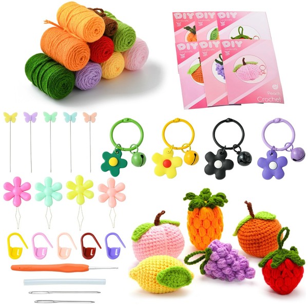 Stiesy DIY Fruit Crochet Kit with Yarns Stitch Markers Keychain