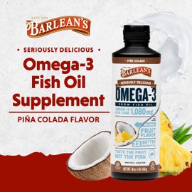Barlean's Barlean's Omega 3 Fish Oil Liquid Supplement with Vitamin D, Mango Peach, 1080mg EPA and DHA Fatty Acid, 16 oz