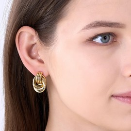 Gold Knot Earrings For Women Trendy - Dangling Chunky Gold Earrings For Women Statement - Elegant 14K Plated Double-Knot Earring Lightweight Hypoallergenic Trending Fashion Jewelry