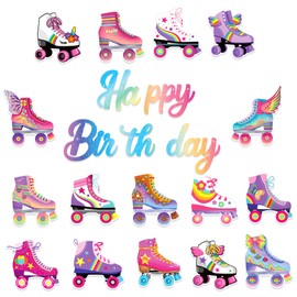 3Pcs Roller Skate Happy Birthday Banner Roller Skate Party Decorations Retro Hip Hop Rollers Skating Birthday Party Banner for 80s 90s Theme Decor Supplies