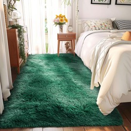 Awaytail Fluffy Runner Rugs for Bedroom 2x6, Black Green Runner for Hallway Non-Slip, Bedside Shaggy Fuzzy Bedroom Decor