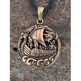 Kiss of Leather Bronze Viking Ship Pendant with Cotton Cord, Bronze