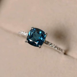 Cuteshop 14k White Gold Plated Sterling Silver Peacock Blue Topaz Square Diamond Ring Gemstone Ring Aquamarine Gemstone Wedding Bridal Band Ring for Women (9)