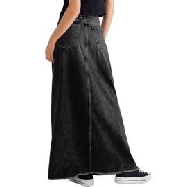 CHARTOU Women Vintage Denim Maxi Skirt Frayed Raw Hem High Waist A-Line Long Jean Skirt, Black, Medium