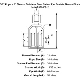 3/8" Rope x 2" Sheave Stainless Steel Double Sheave Swivel Eye Block