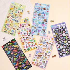 3D Cute Puffy Stickers 6 Sheets Kawaii Tiny Stickers Animal Puff Sticker Adorable Cartoon Design Glitter Sticker for Scrapbooks Laptops Phone Cases Notebook Journal