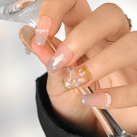 Sethexy French Butterfly Handmade Fake Nail Pearl Glitter Medium Coffin Fake Nails Shiny False Nails Salon Durable Quality Nail for Women and Girls (V)