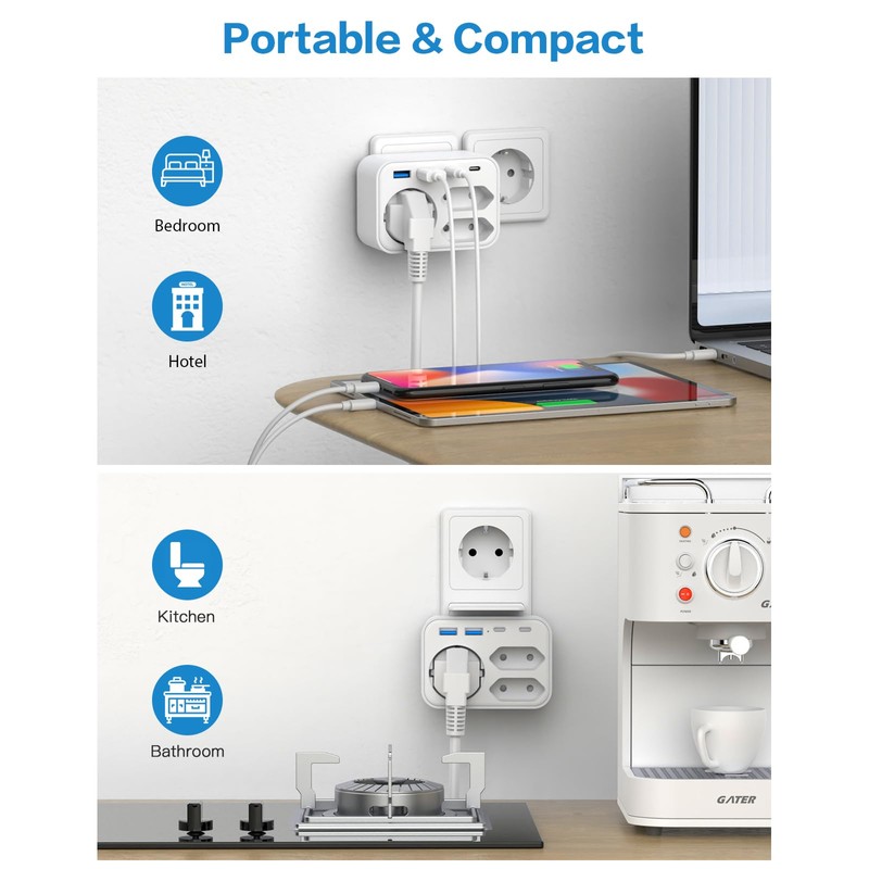 Multiple Plug for Sockets, 3 Sockets with 2 USB A